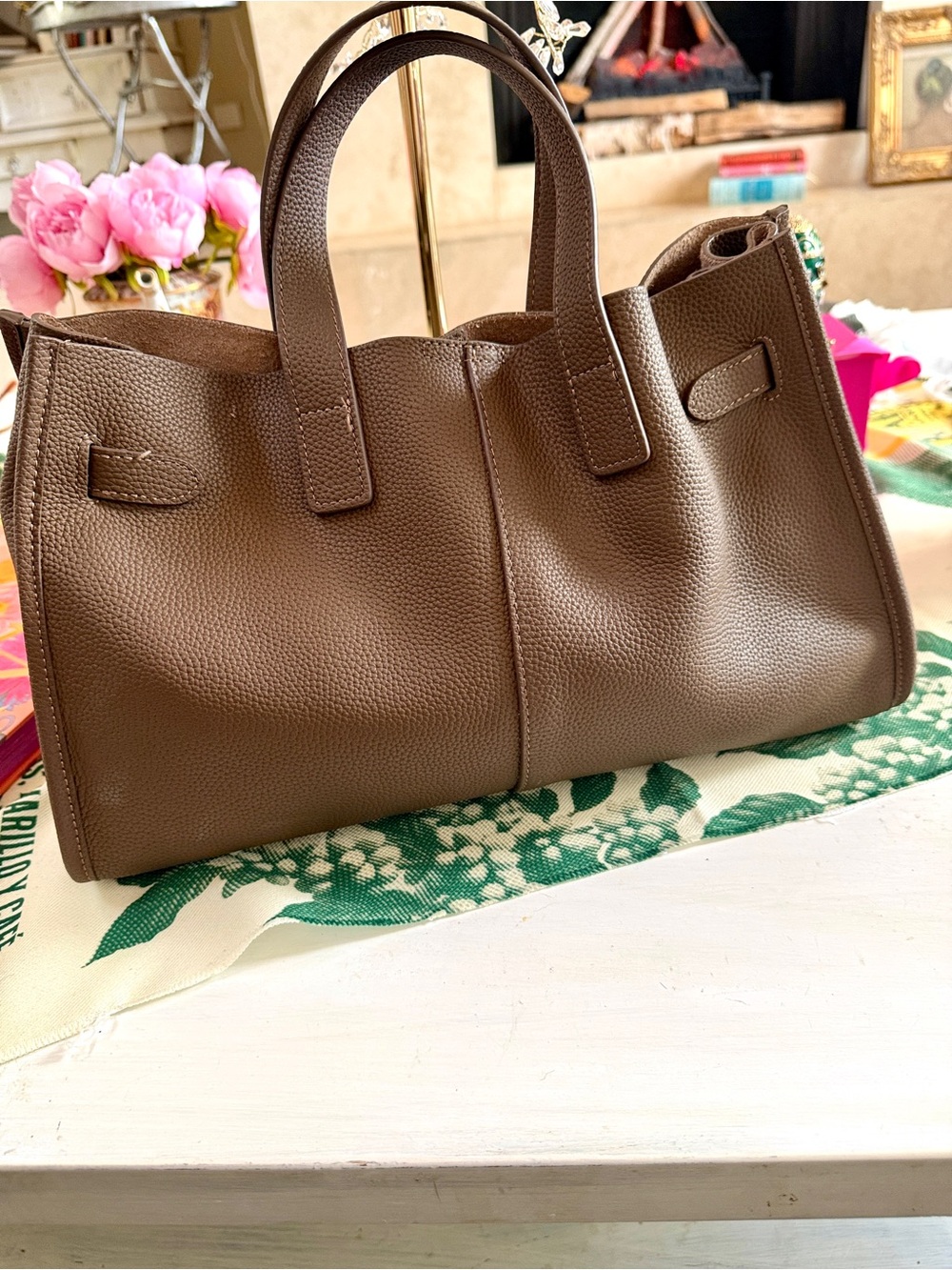 Genuine Leather Taupe Top-Handle Tote - Picture 5 of 8